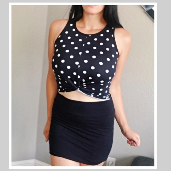 First Love Tops - Sleeveless polka dot knot tie stretchy crop top